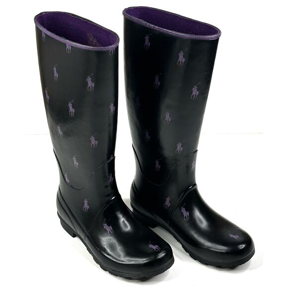 Ralph Lauren Black and Purple Women's Rain Boots - Picture 1 of 16